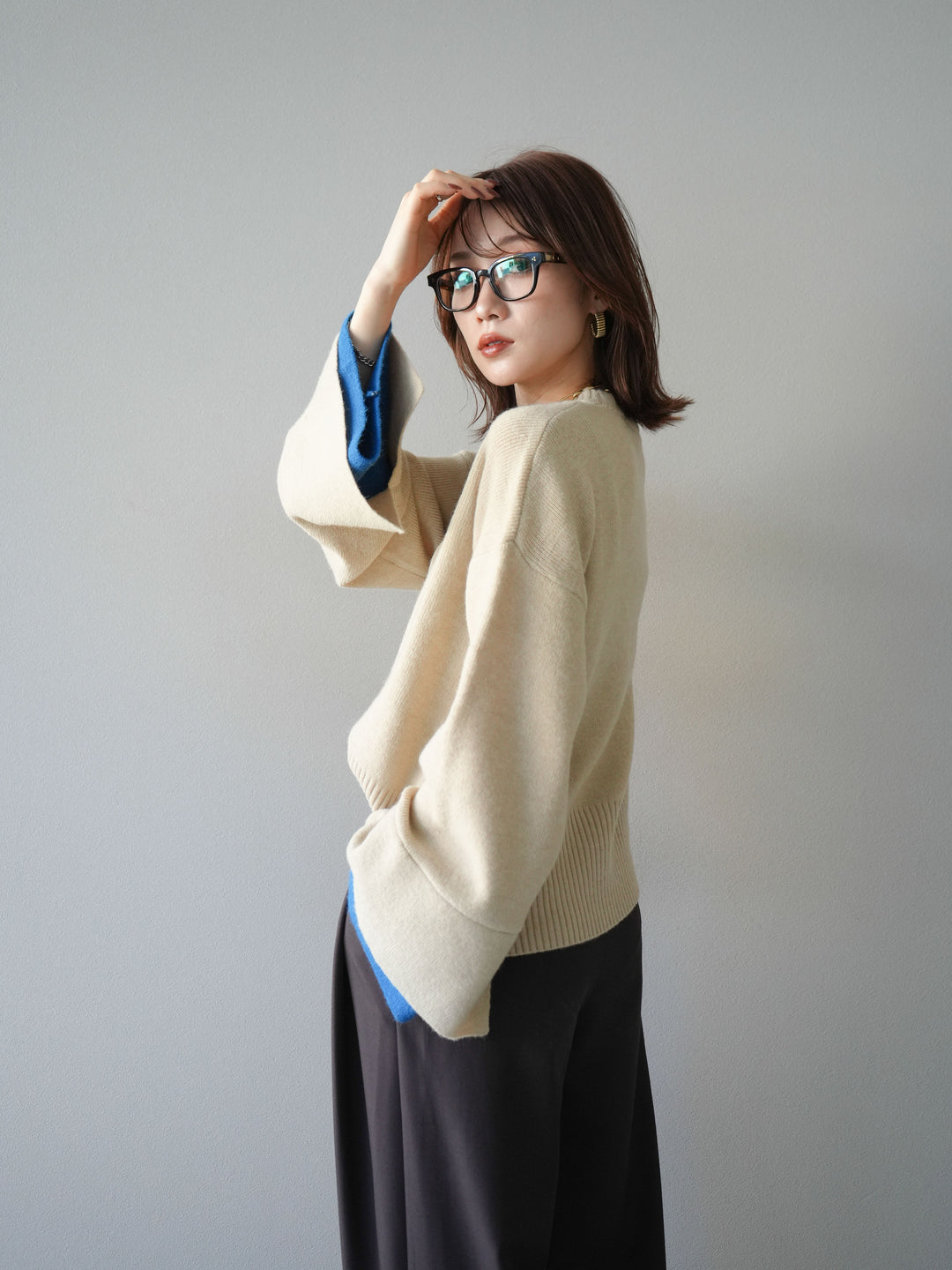 [予約]袖レイヤード配色ニットプルオーバー/ivory