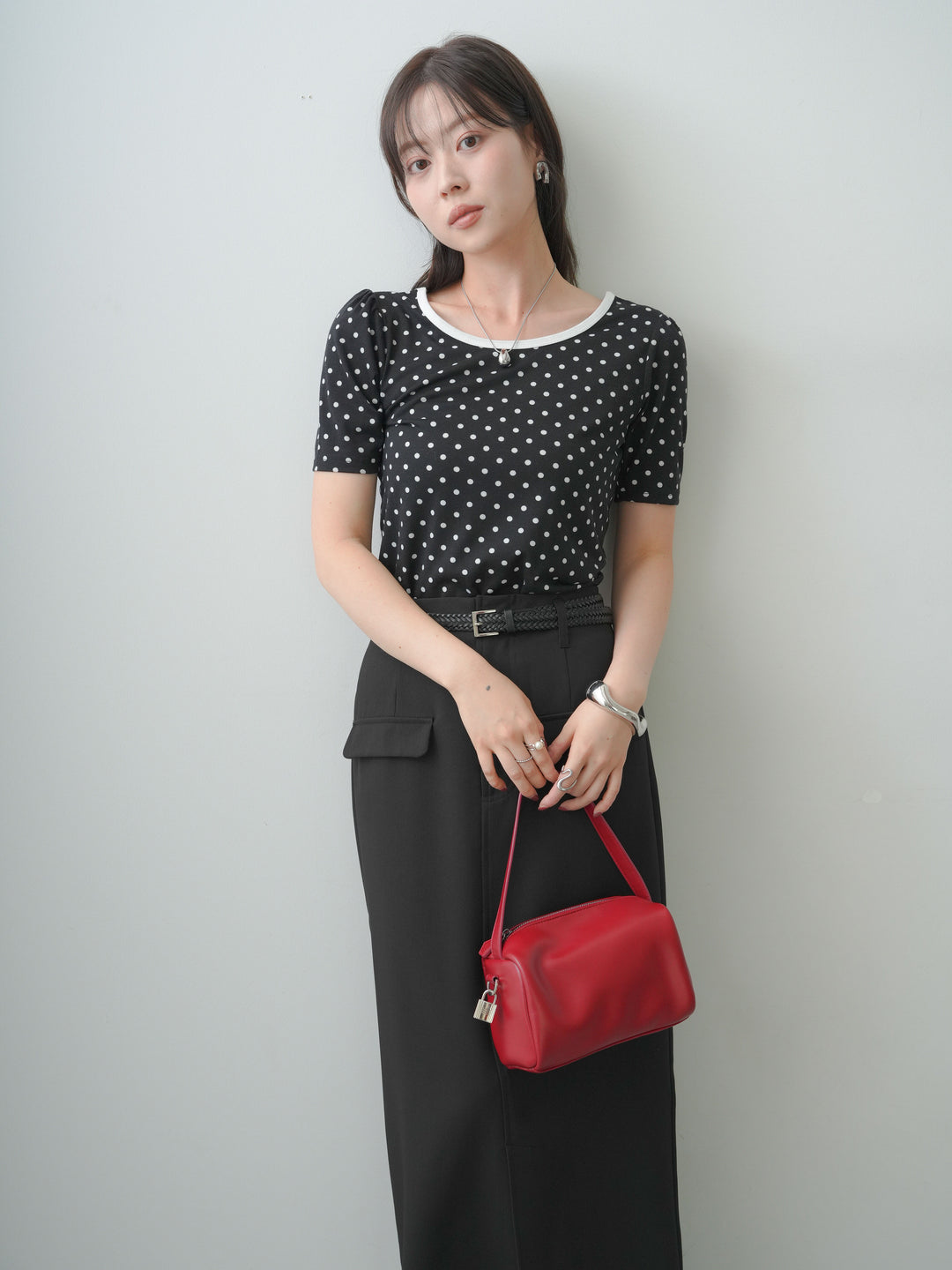[SET]前後2wayドットバイカラーパイピングTEE+クレープデシンフラップ付きストレートスカート(2set)