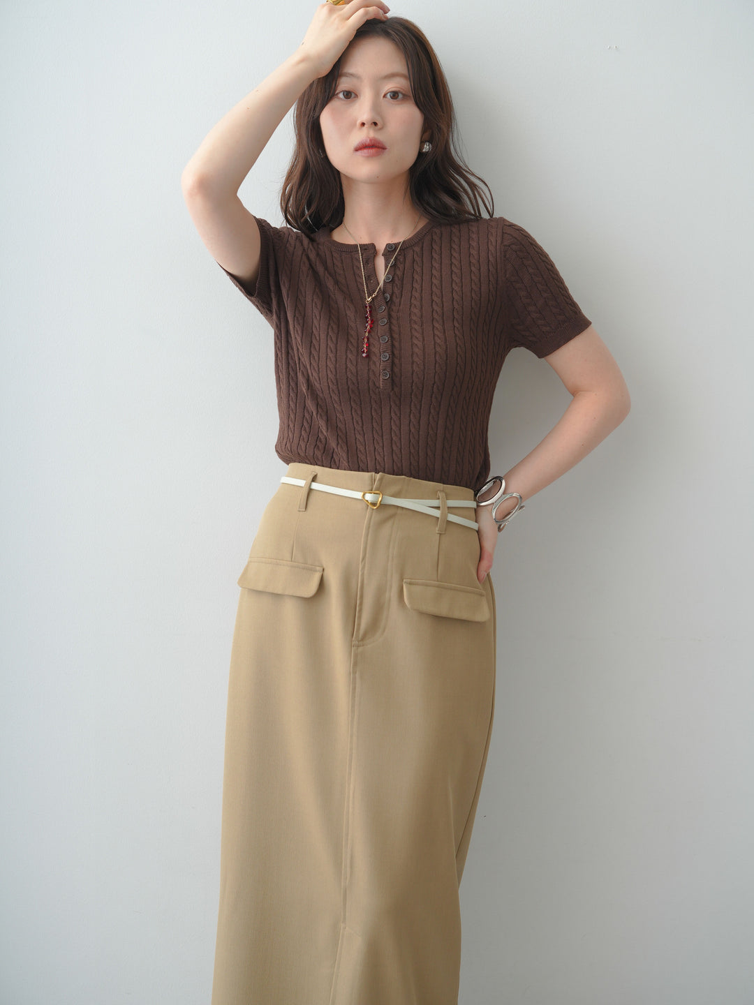 [予約]ヘンリーケーブルハーフニットトップス/brown