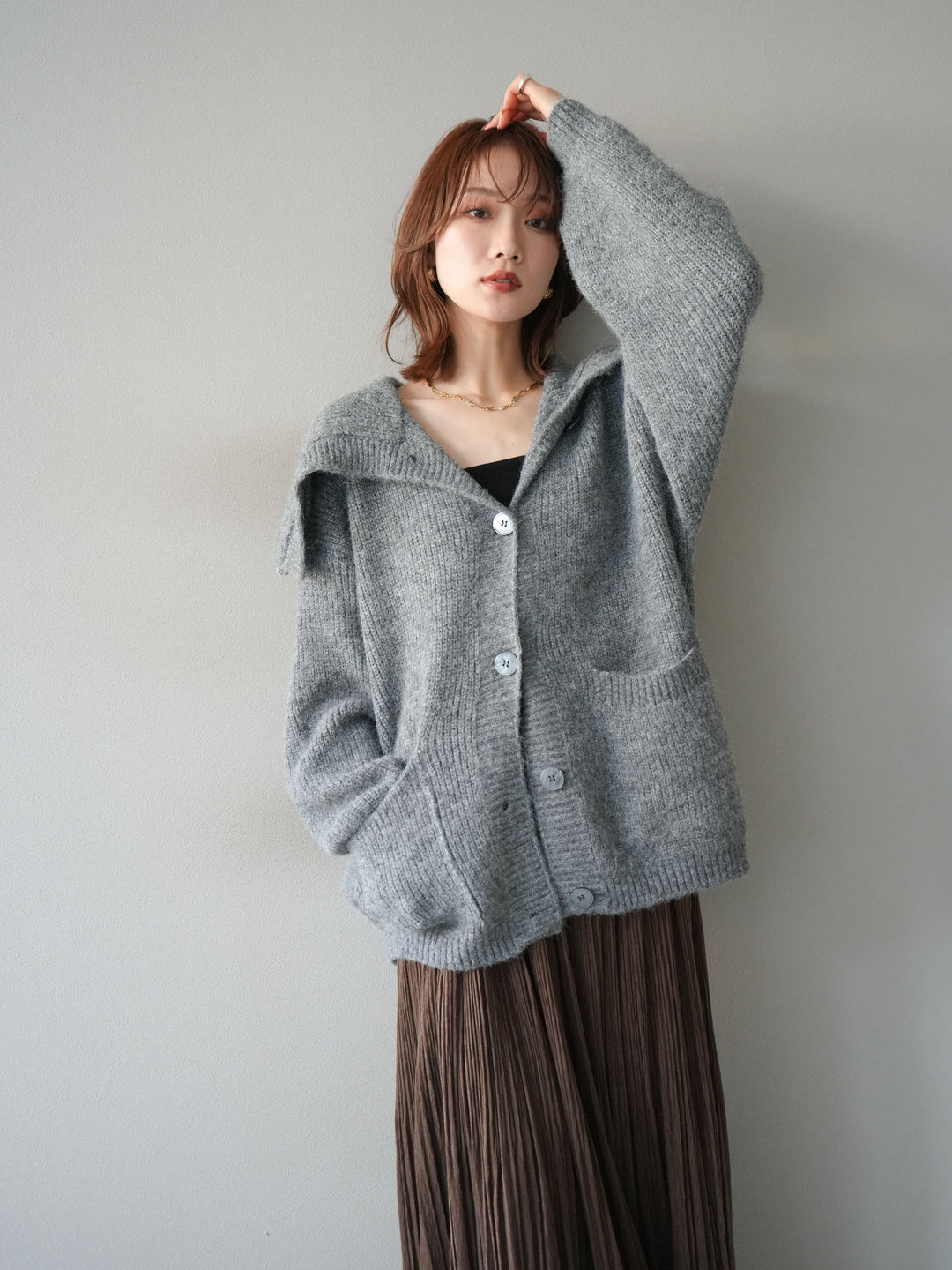 [予約]襟付きボタンオーバーニットカーディガン/gray