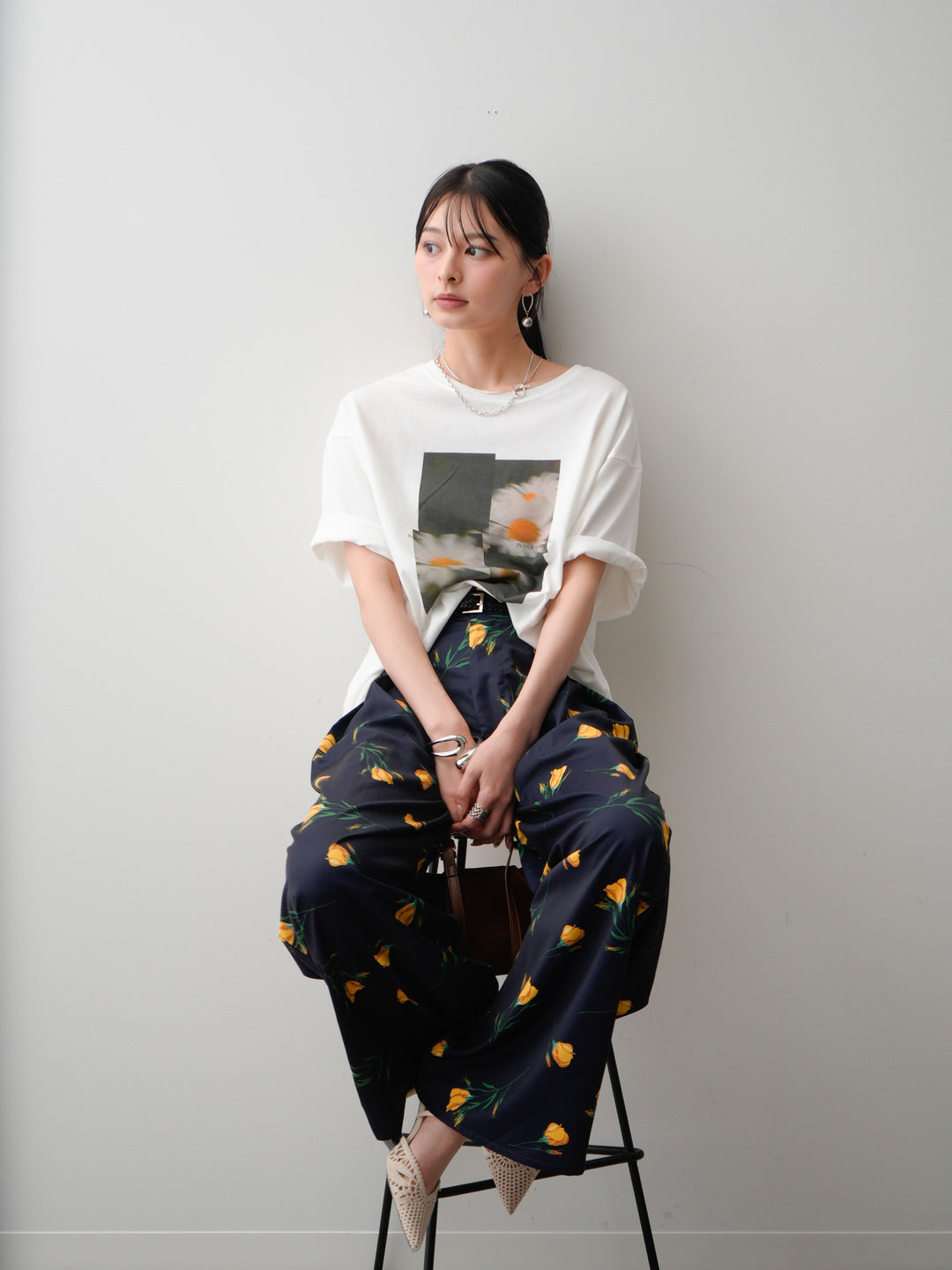 [SET]フラワーフォトTEE+フラワープリントドレープタックパンツ(2set)