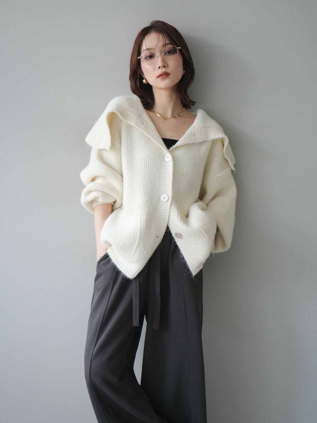 [予約]襟付きボタンオーバーニットカーディガン/ivory