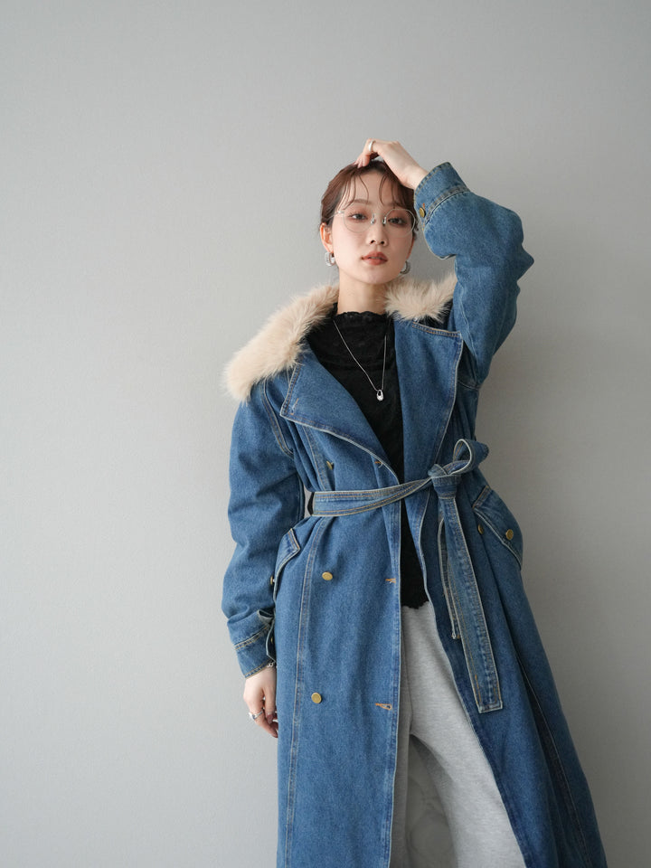 [予約]ファー襟デニムロングコート/blue