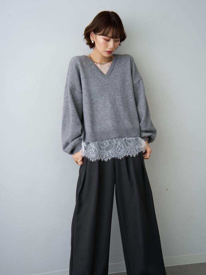 [予約]アルパカタッチレースドッキングVネックニットトップス/mokugray