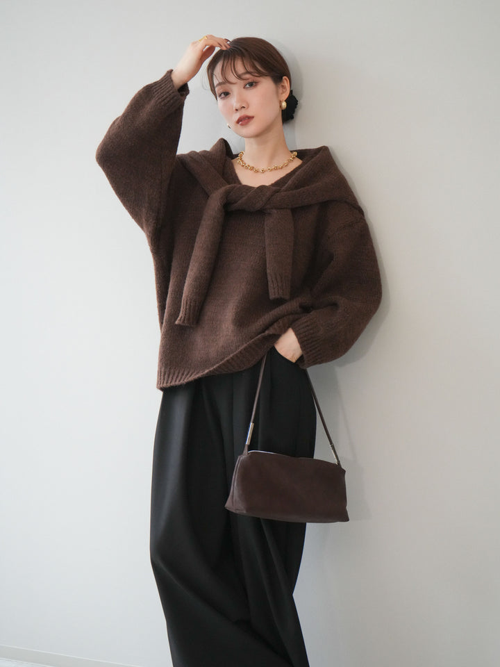 [予約]ストール付きVネックニットプルオーバー/brown