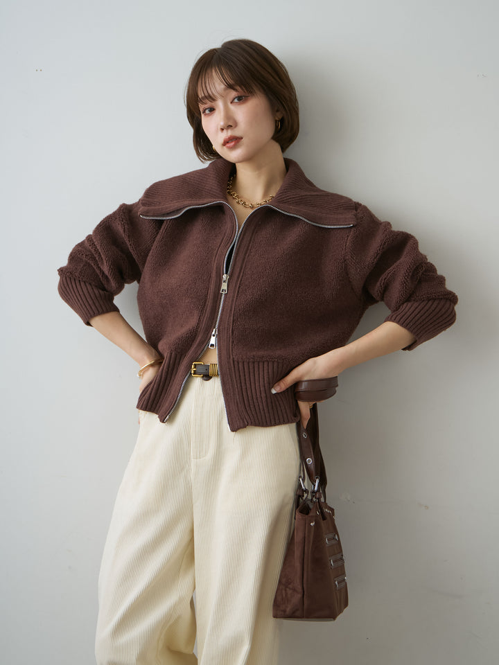 [SET]リブカラー圧縮ブークレニットブルゾン+ベルト付コーディロイワイドストレートパンツ(2set)