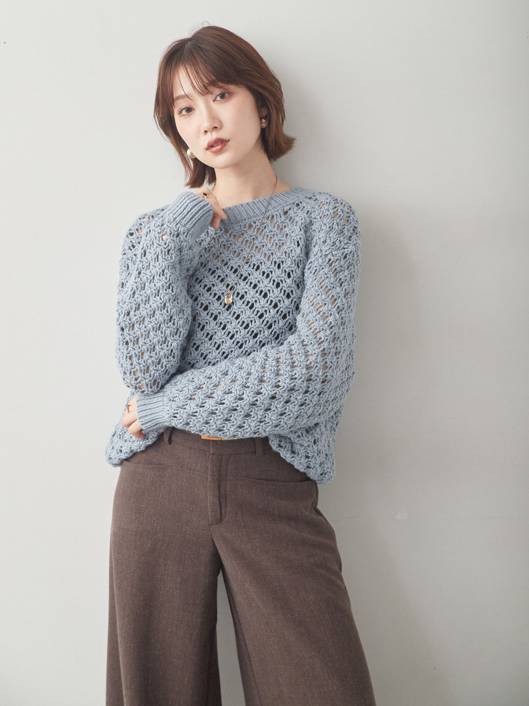 [SET]透かし編みニットプルオーバー+ベルト付ポケットデザインワイドストレートパンツ(2set)