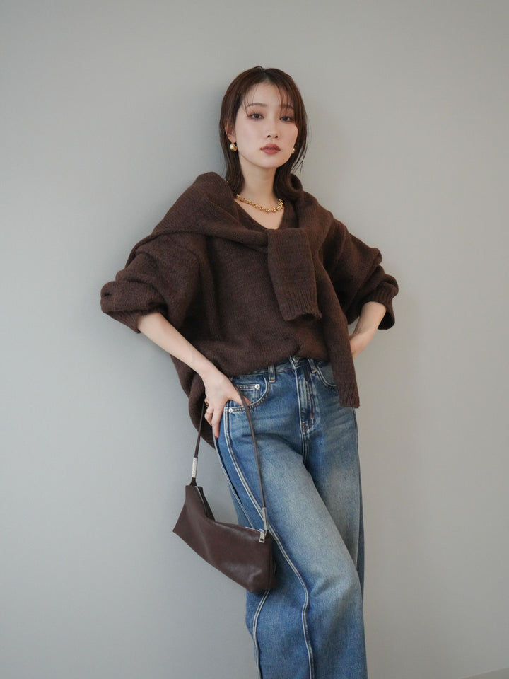 [予約]ストール付きVネックニットプルオーバー/brown