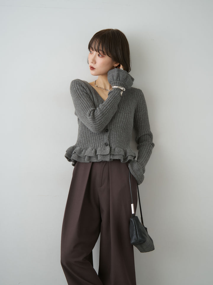 [SET]アルパカタッチフリルカーディガン+ベルトループデザインワイドパンツ(2set)