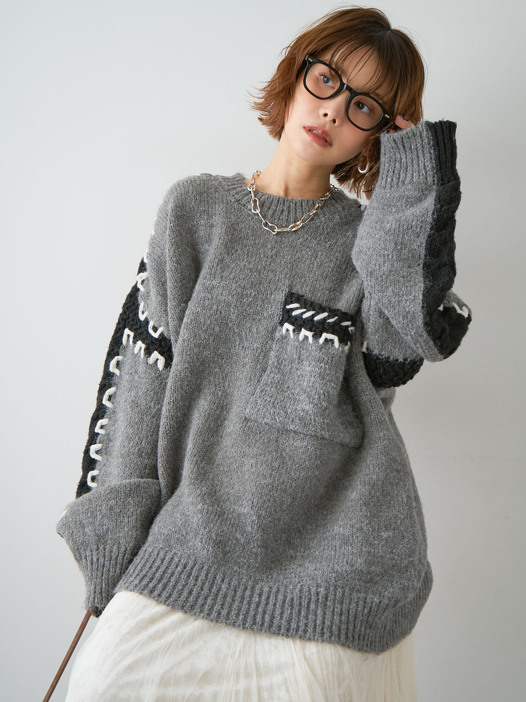 [予約]ハンドステッチデザインニットトップス/gray