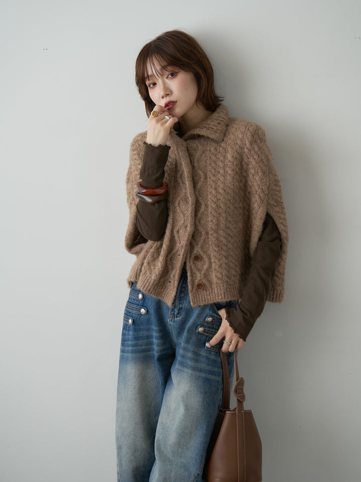 [予約]ケーブルケープニットトップス/brown
