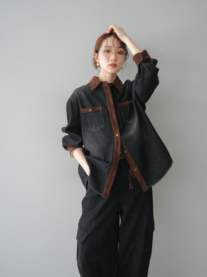 [予約]裏起毛コーデュロイ襟デニムシャツジャケット/black