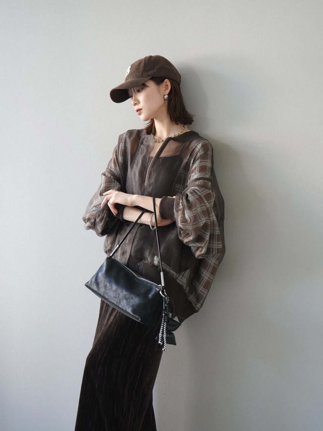 [預購] 格紋薄紗對接外套/棕色