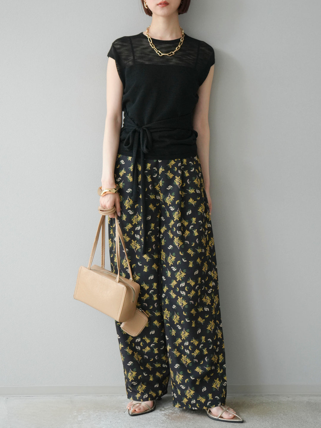 [予約]ブーケプリントタックパンツ/ブラック