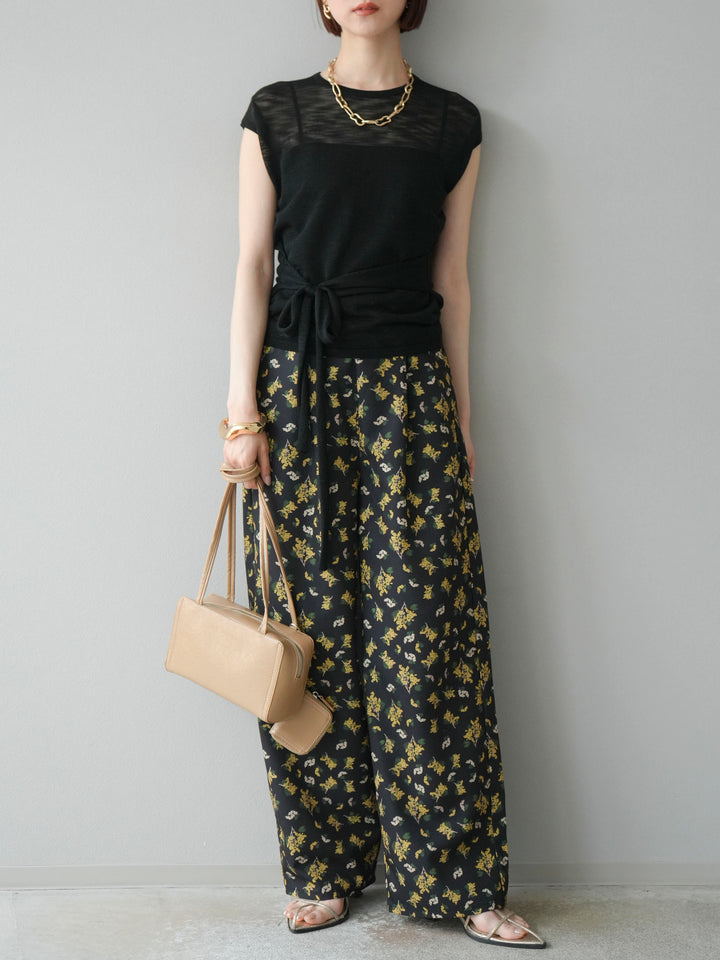 [予約]ブーケプリントタックパンツ/ブラック