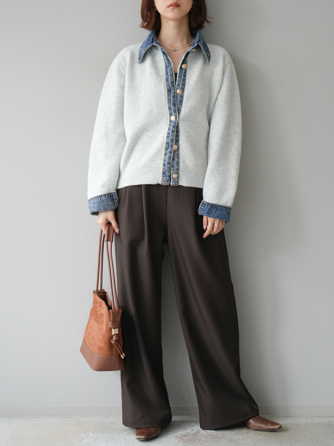 [SET]デニム襟ボタンニットカーディガン+エステルタックワイドパンツ(2set)