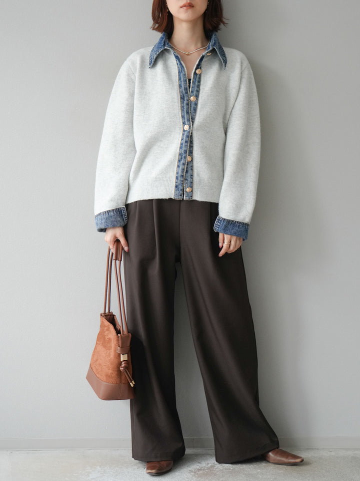 [SET]デニム襟ボタンニットカーディガン+エステルタックワイドパンツ(2set)
