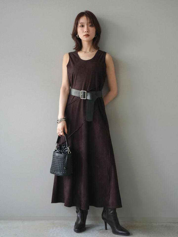 [予約]スエードアウトシームデザインベルト付ワンピース/bordeaux