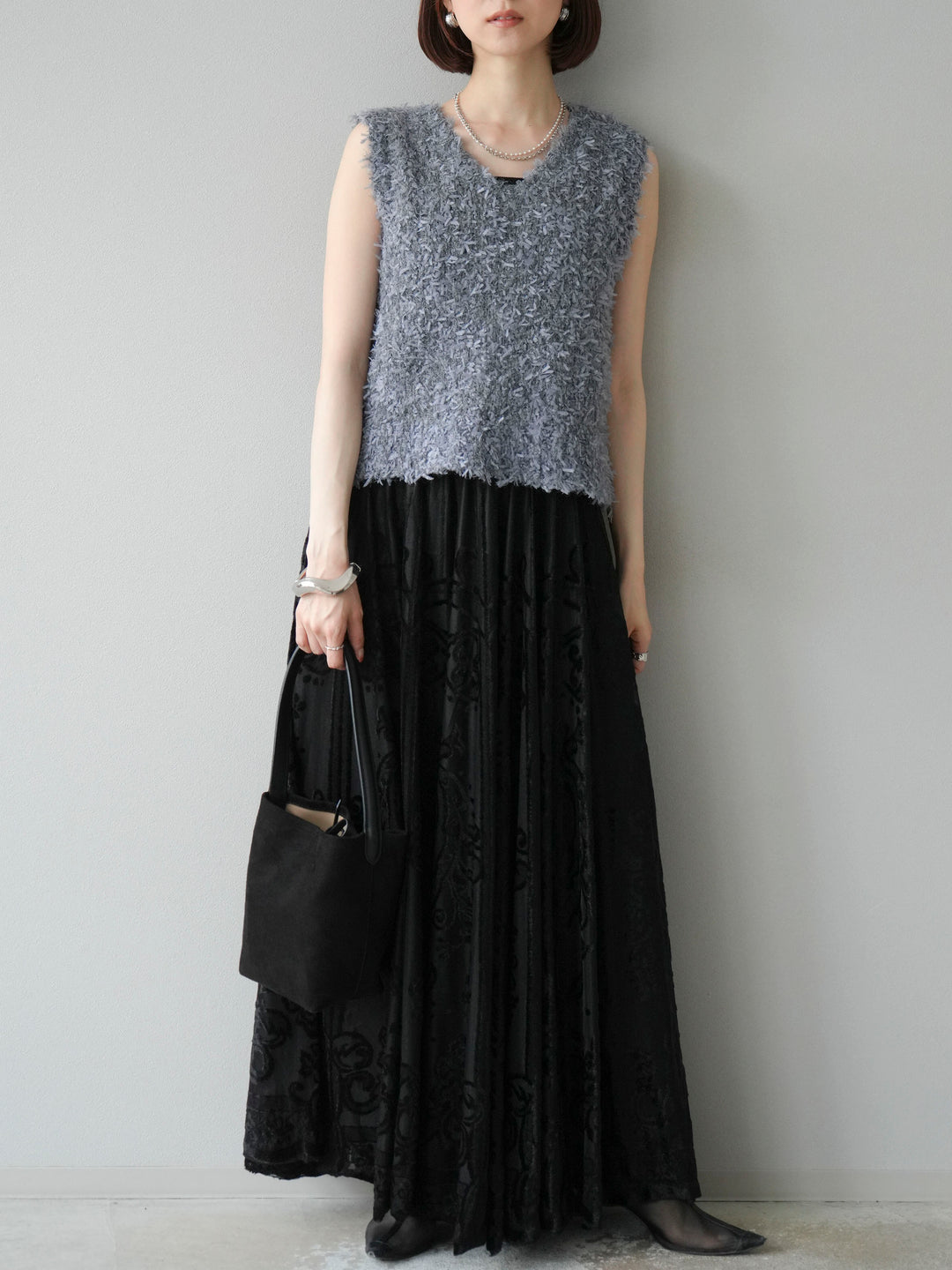 [予約]アンティーク柄フロッキーマキシスカート/ブラック