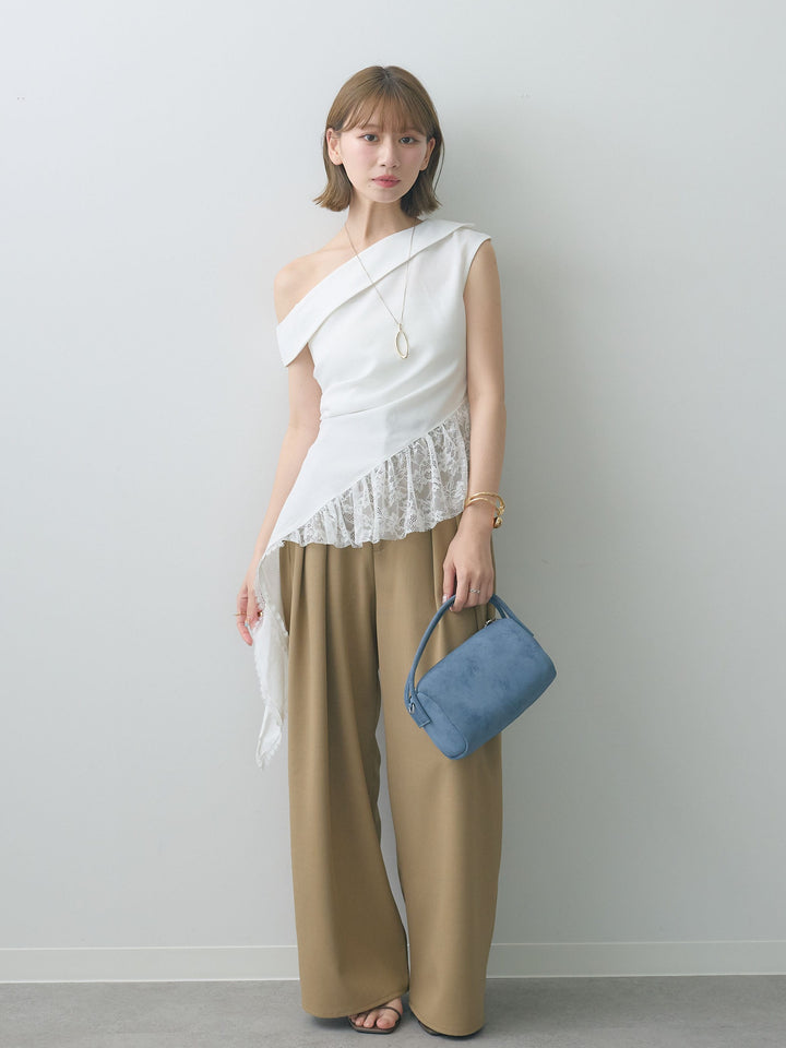 [SET]アシンメトリーラッフルレースヘムトップス+クレープデシンタックワイドパンツ(2set)