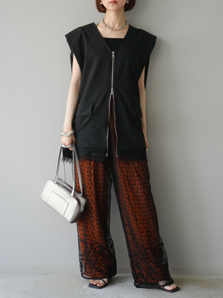 [予約]レーヨンフレックススラブウェーブ柄ストレートパンツ/オレンジ