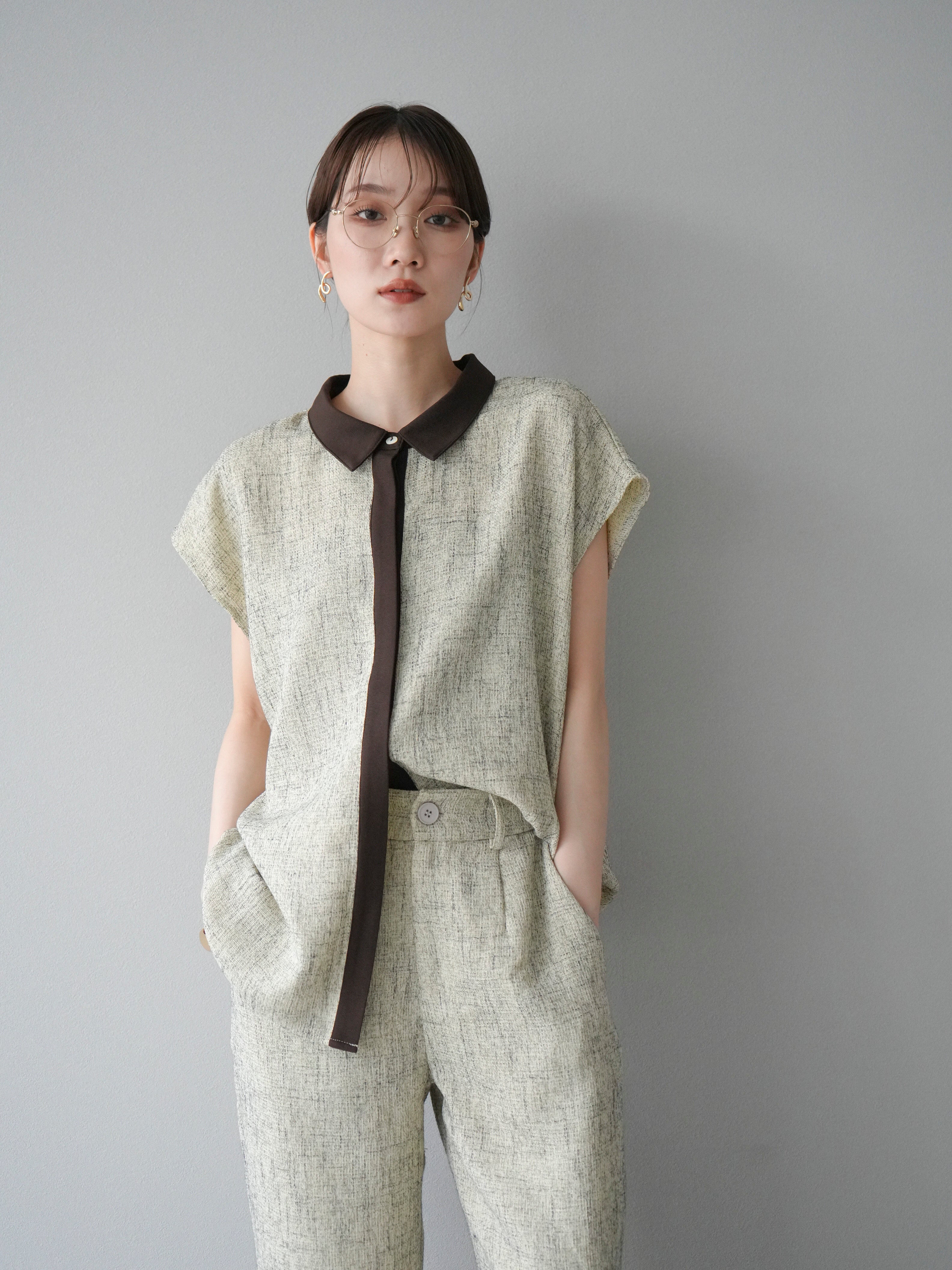 予約]バイカラーサマーツイードフレンチスリーブブラウス/ベージュ