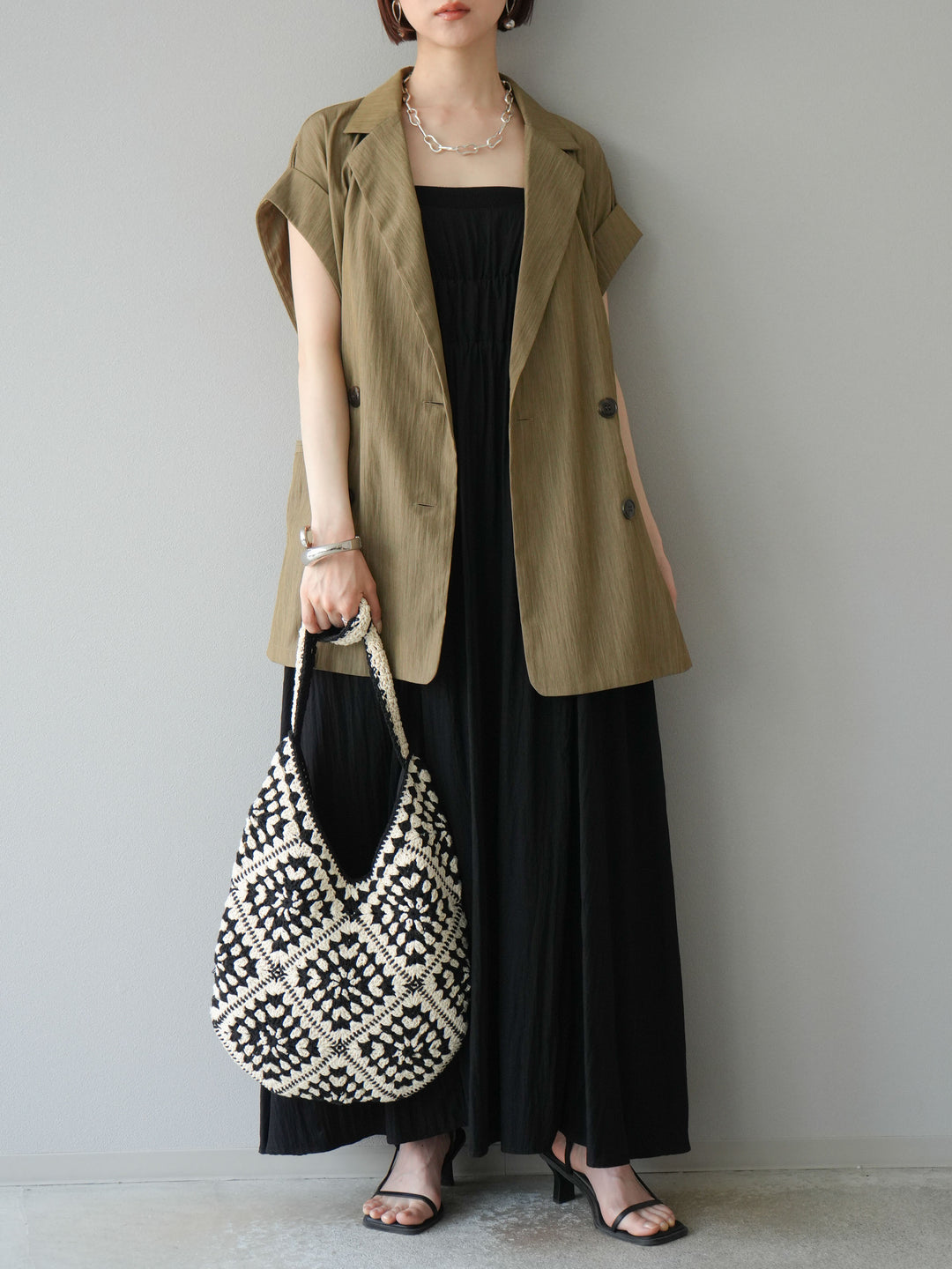 [SET]レーヨンシャーリングキャミワンピース+リネンライクノースリーブダブルジレ(2set)