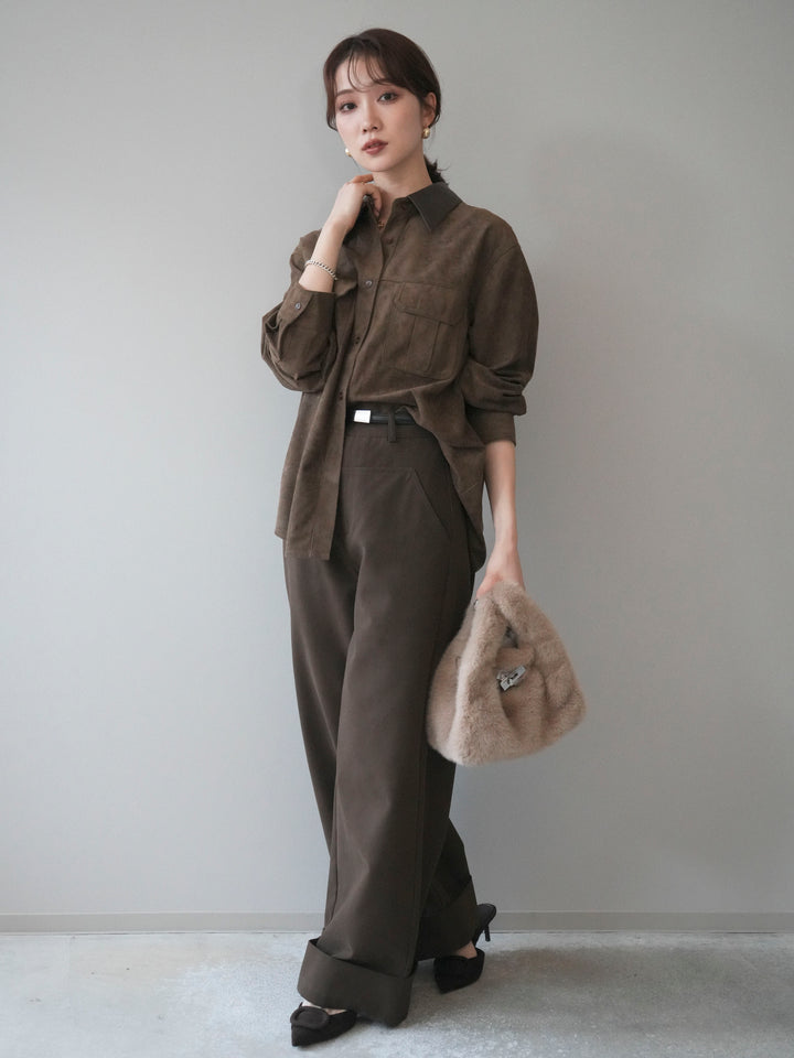 [予約]レザー襟スエードシャツ/khaki