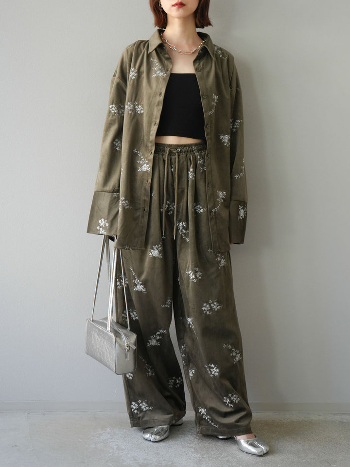 [予約]ベロアフラワーエンブロイダリーシャツ/ブラウン