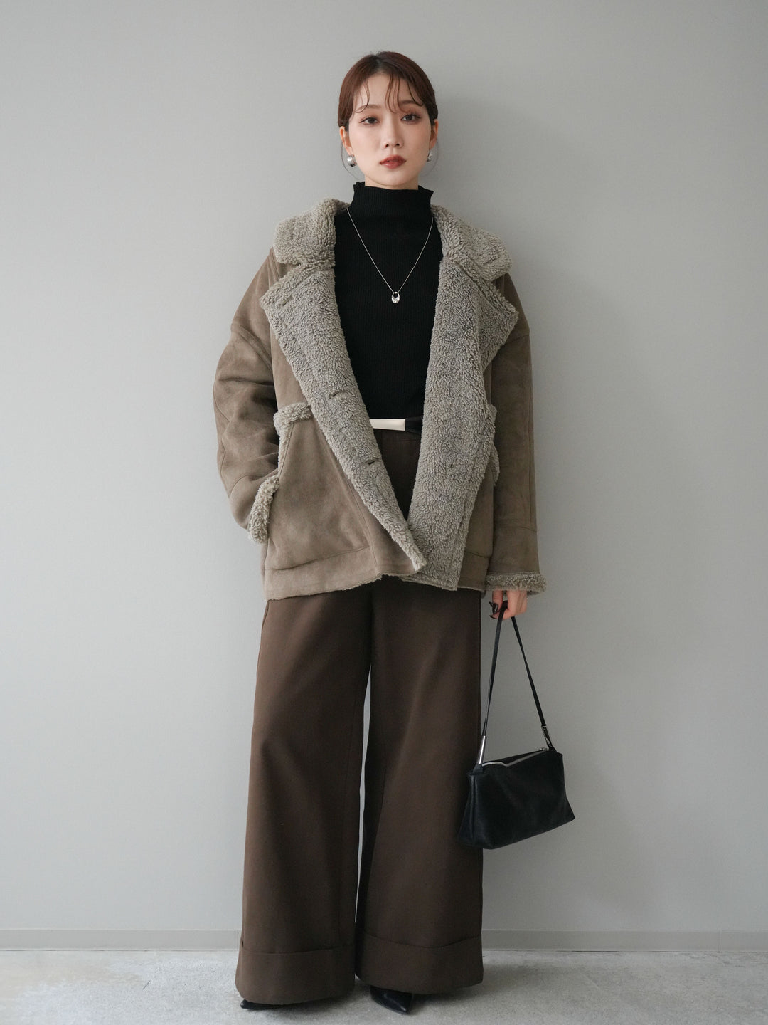 [予約]ベルト付き折り返しコットンツイルワイドパンツ/brown