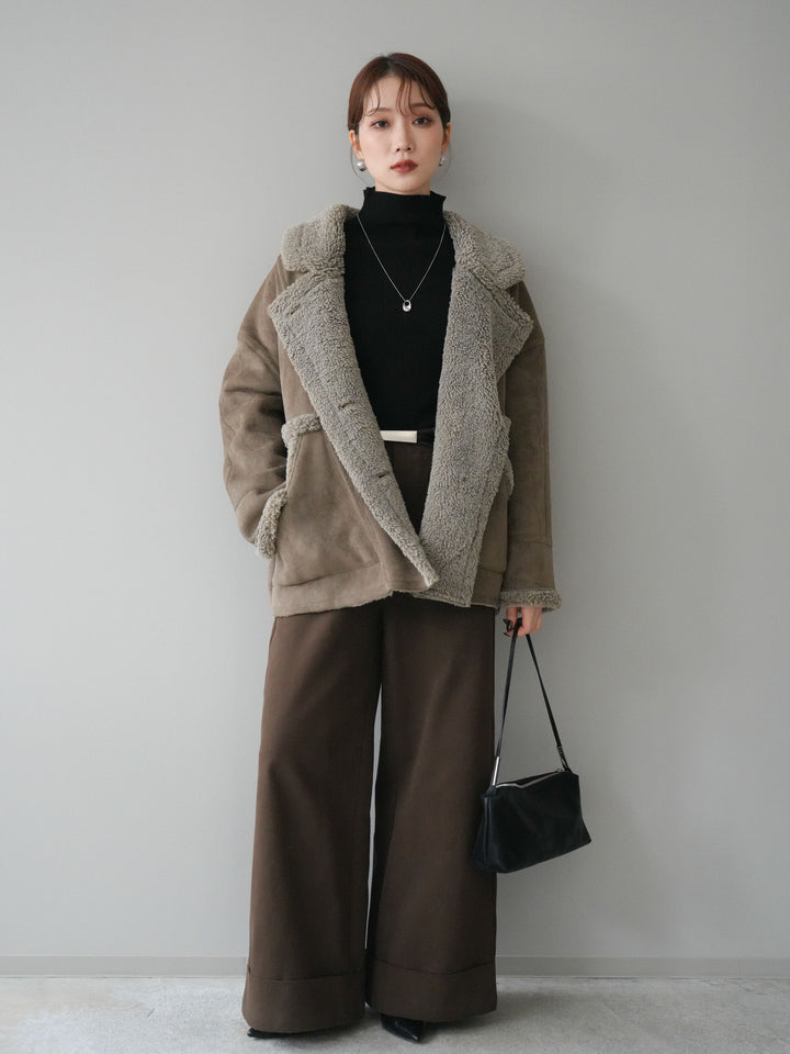 [予約]ベルト付き折り返しコットンツイルワイドパンツ/brown