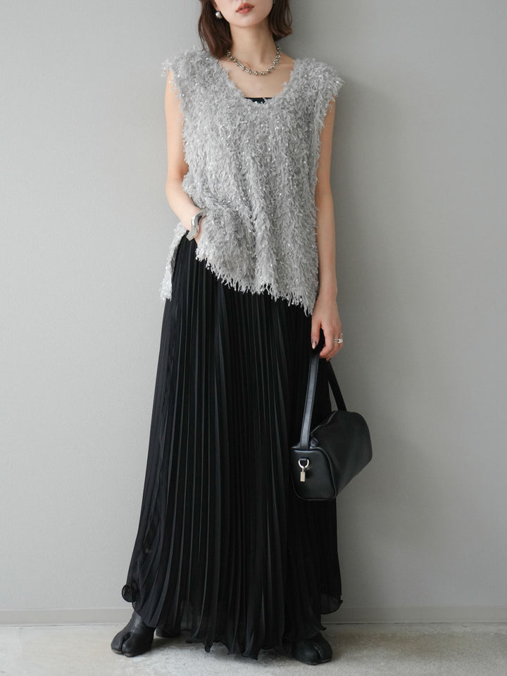 [予約]シフォンプリーツパイピングスカート/ブラック