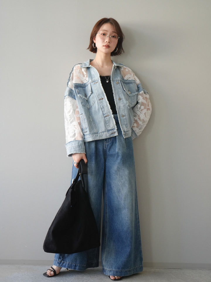 [SET]レース切替デニムジャケット+カップ付リブチュールタンク+タックベルトループデニムパンツ(3set)