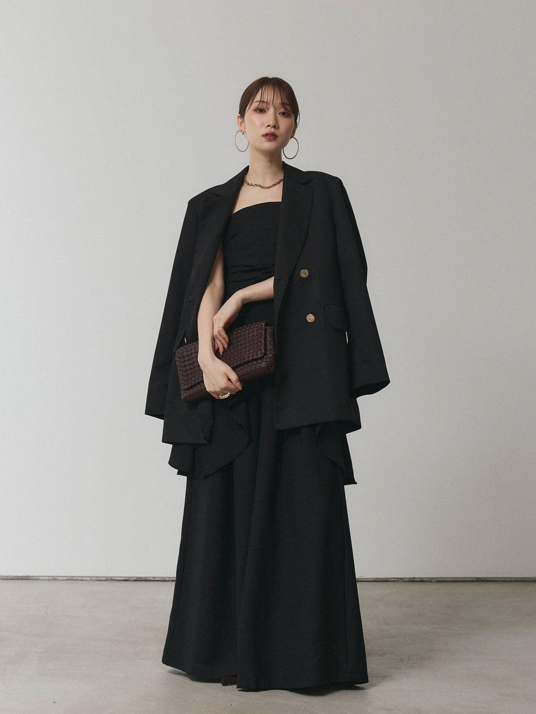 【Allure】[SET]ぺプラムベアトップス＆ワイドパンツSET UP+ダブルブレストオーバージャケット(2set)