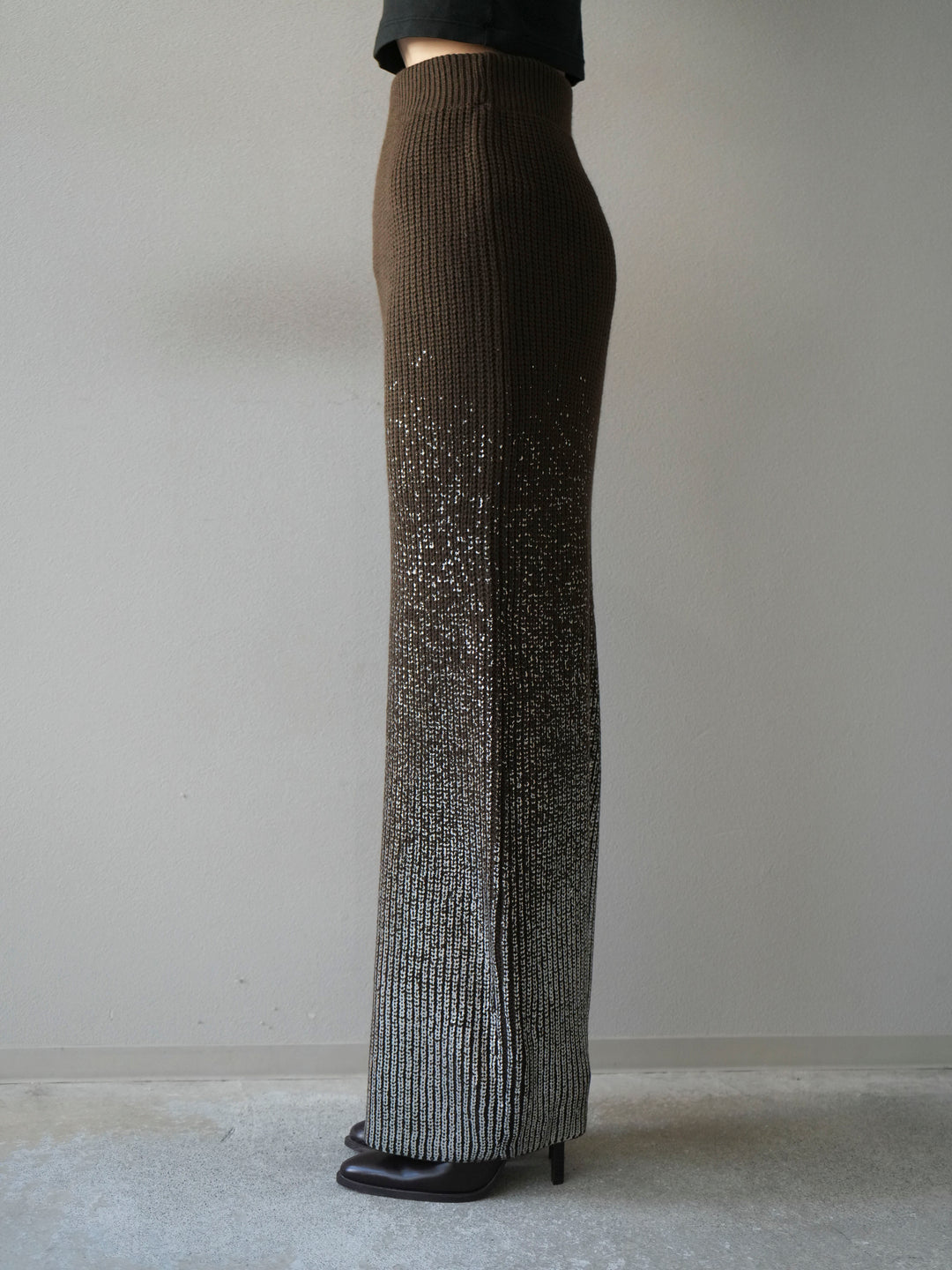 [予約]箔プリントニットタイトスカート/coffeebrown