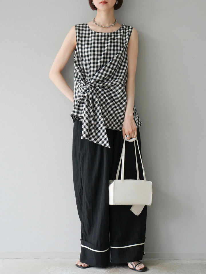 [SET] 前裹式無袖上衣+麻質下擺回型寬褲（2件組）