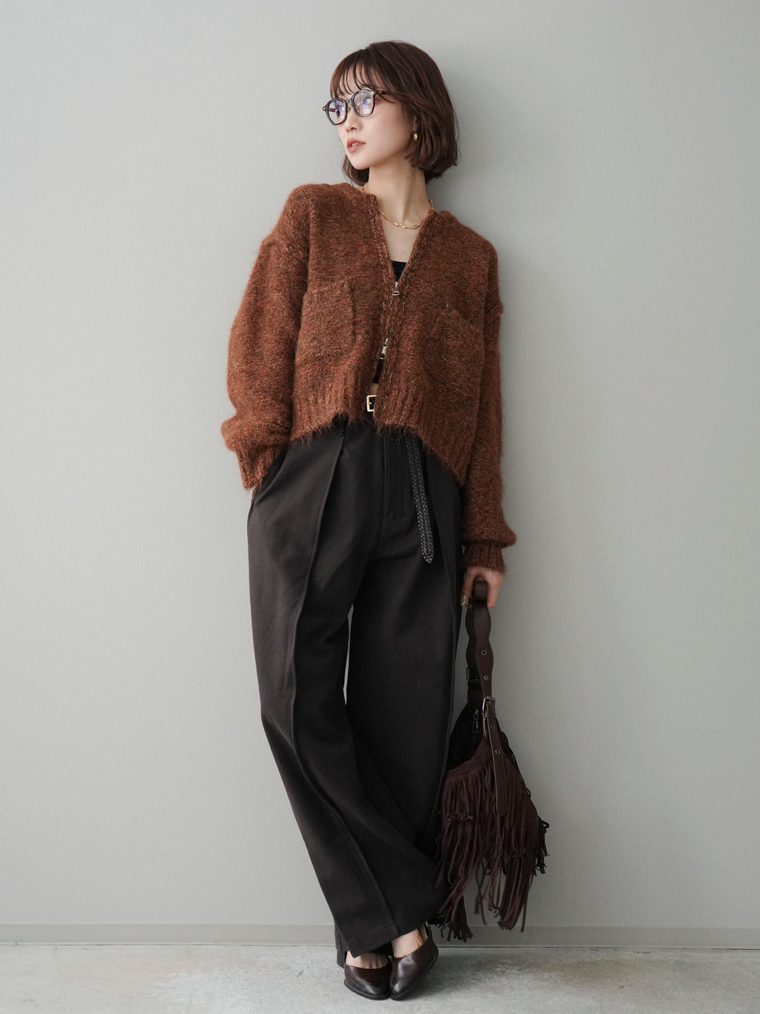 [予約]ミックスヤーンダブルZIPニットカーディガン/brown