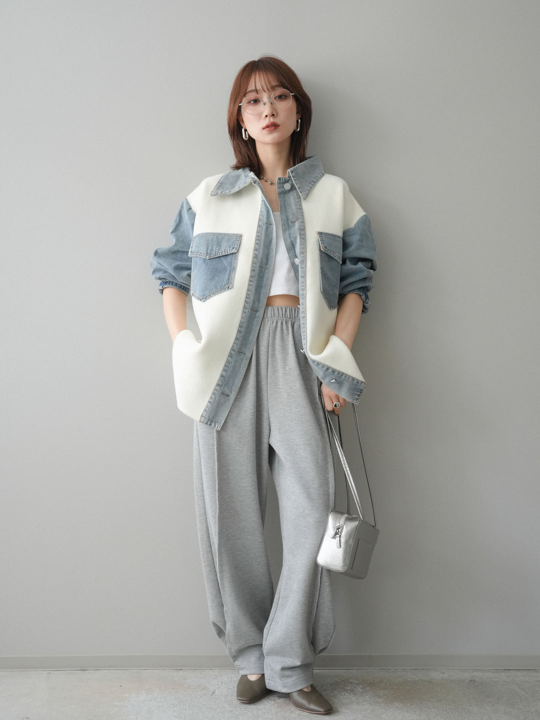 [予約]デニム襟ダブルフェイスニットカーディガン/white