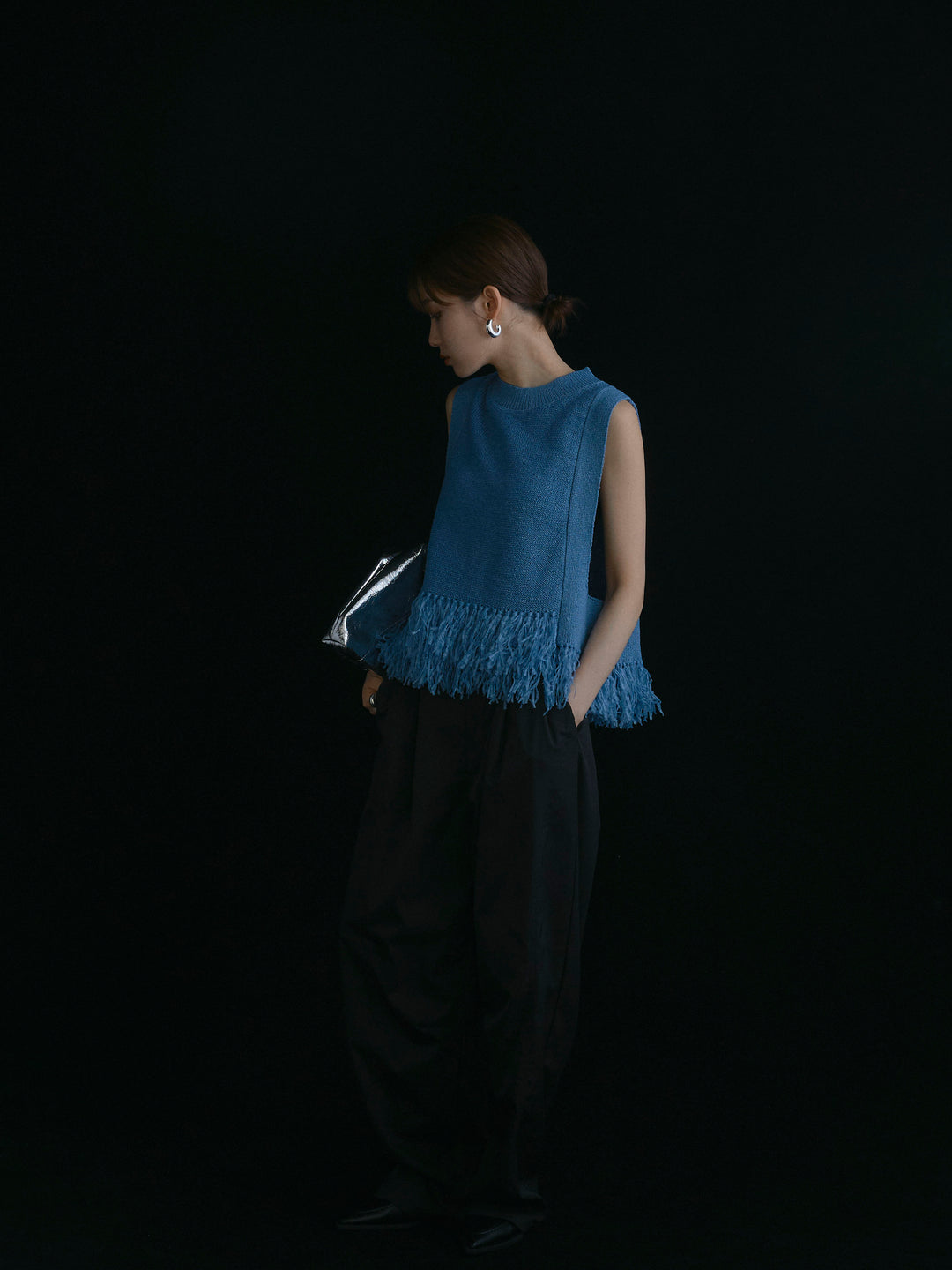 【Allure】[SET]フェザーヤーンニットベスト+タフタワイドカーブパンツ(2set)