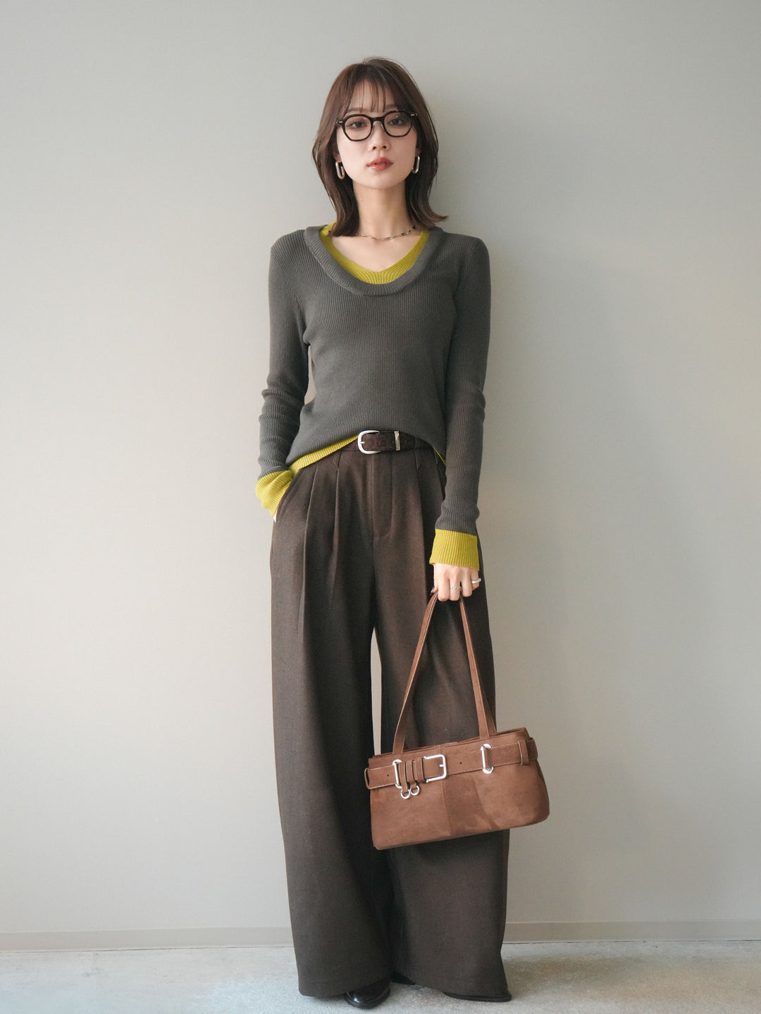 [予約]Uネック配色レイヤードリブニットトップス/gray