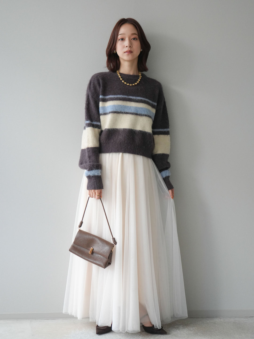 [SET]ソフトタッチボーダークロップドニットプルオーバー+チュールボリュームスカート(2set)