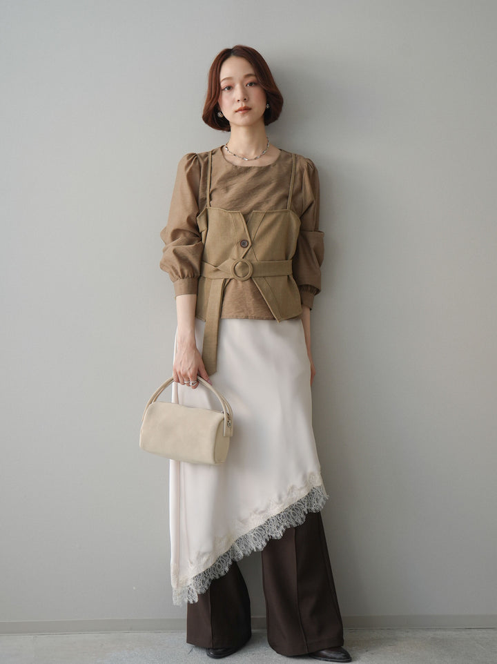 [SET]異素材ビスチェドッキングブラウス+センターシームフレアパンツ(2set)