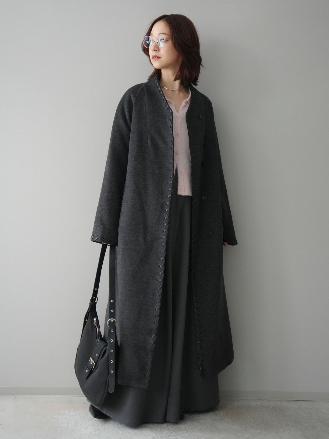 [SET]ハンドステッチ裏中綿ロングコート+テープベルトタックバギーパンツ(2set)