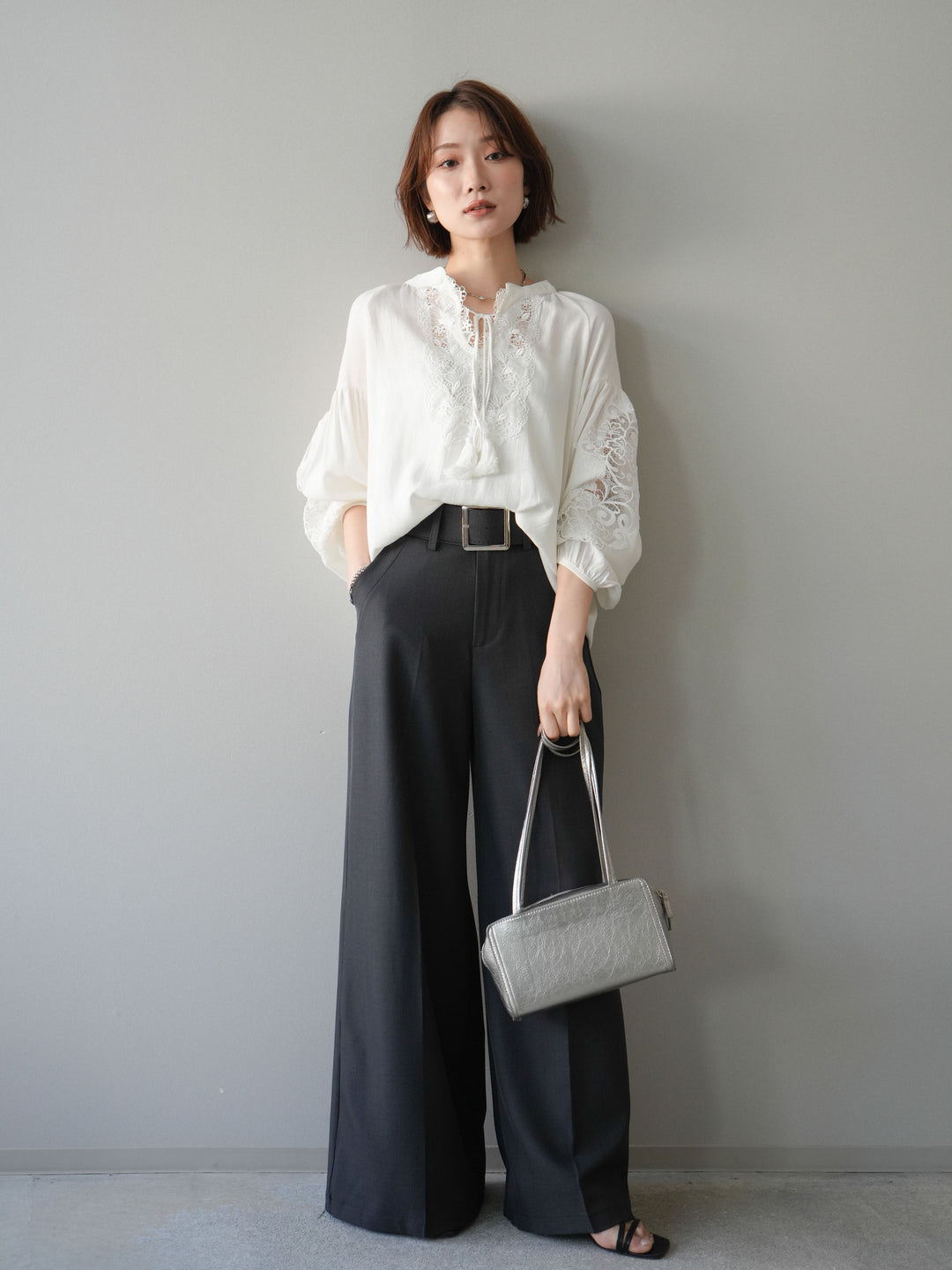 [予約]レーススリーブスキッパーブラウス/white