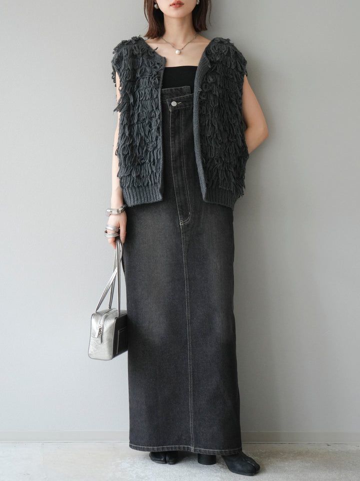 [SET]ループデザインベスト+アシンメトリーデニムワンピース(2set)