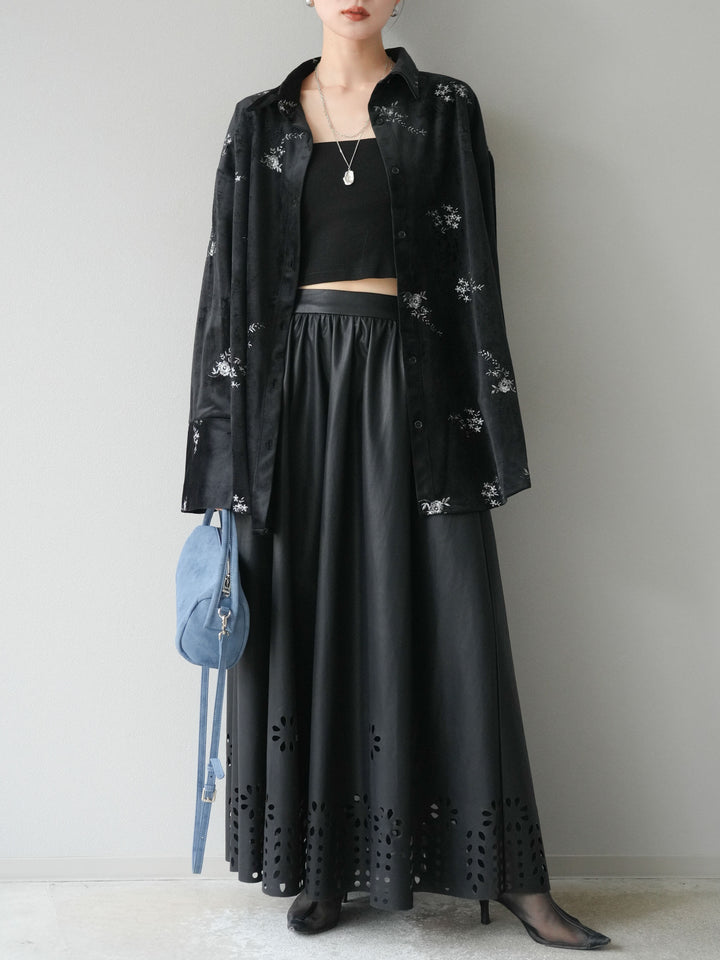 [予約]ベロアフラワーエンブロイダリーシャツ/ブラック