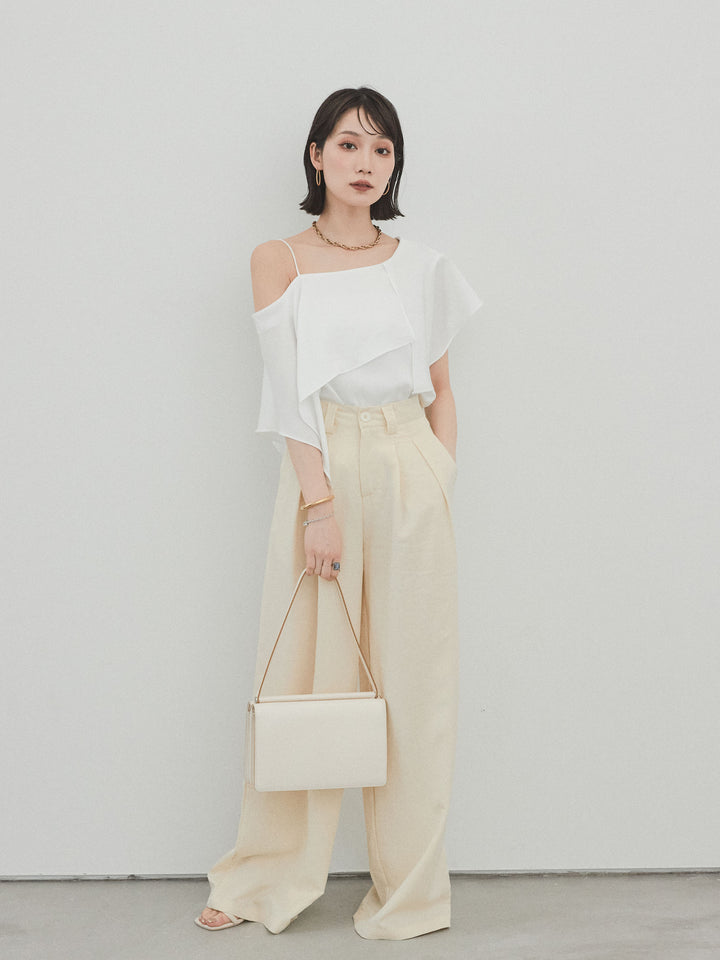[SET]ワンショルラッフルブラウス+リネンタッチタックワイドパンツ (2set)