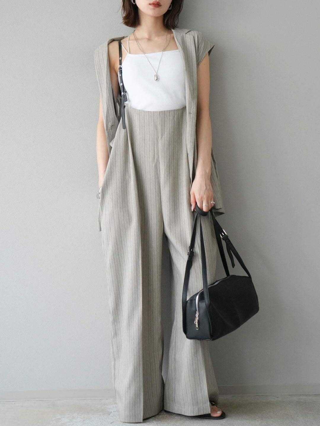 【着回しセット】[SET]ヘリンボーンストライプジレ+シアー切替ベロアトップス+ヘリンボーンストライプサロペット(3set)