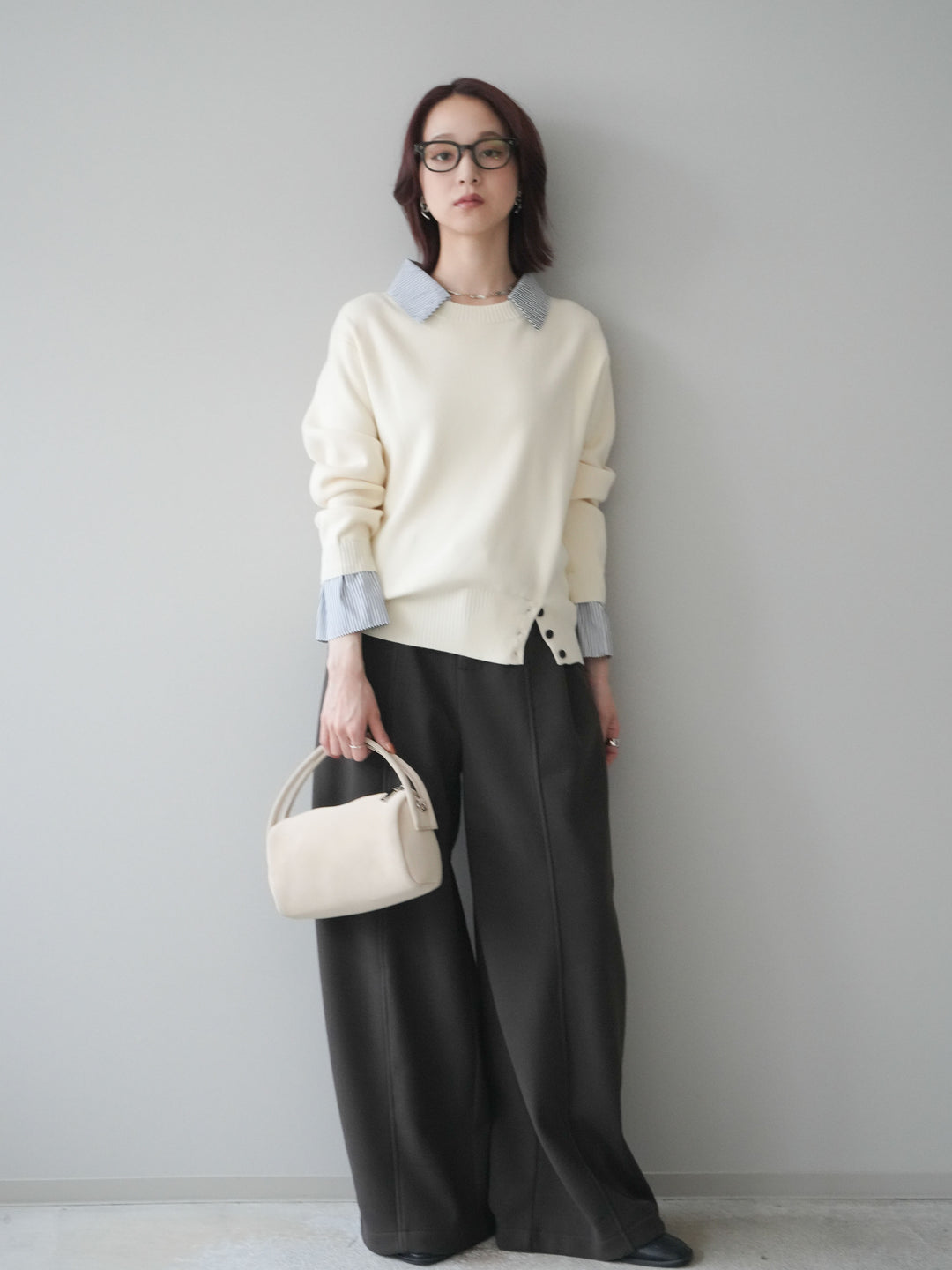 [予約]ベルト付き裏起毛ワイドパンツ/ brown