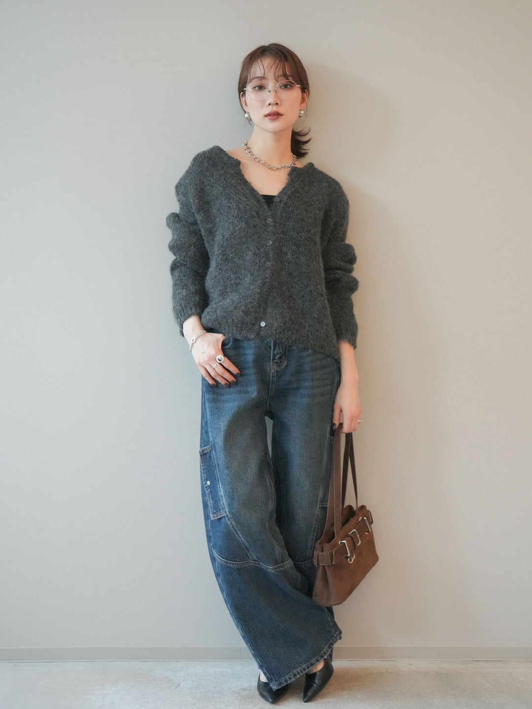 [予約]キーネックシャギーニットカーディガン/gray